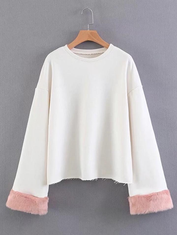 Shein Faux Fur Cuff Frayed Hem Sweatshirt