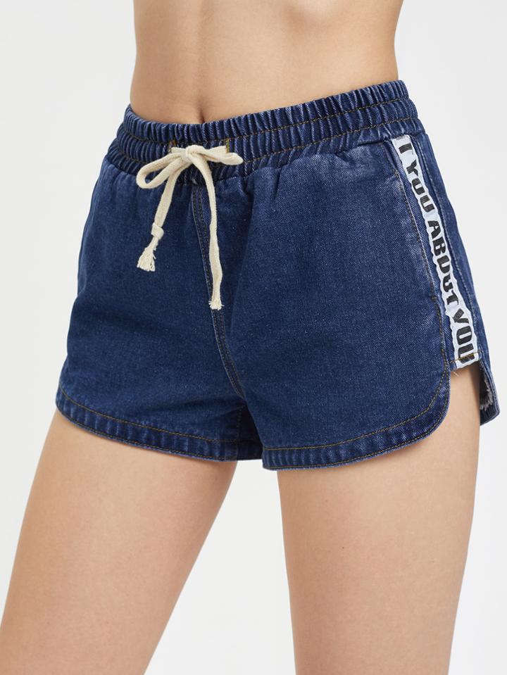 Shein Printed Tape Side Dolphin Hem Denim Shorts