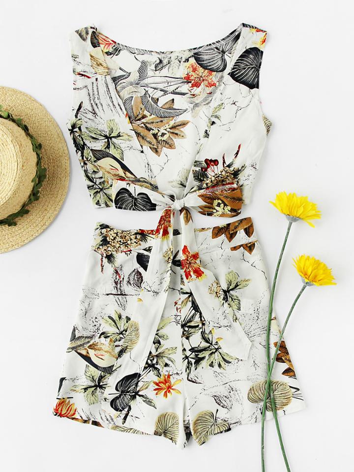 Shein Tropical Print Knotted Multiway Crop Tank Top With Shorts