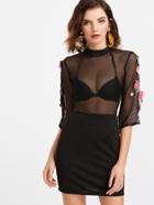 Shein Black Eyelet Mesh Insert Appliques Sheath Dress
