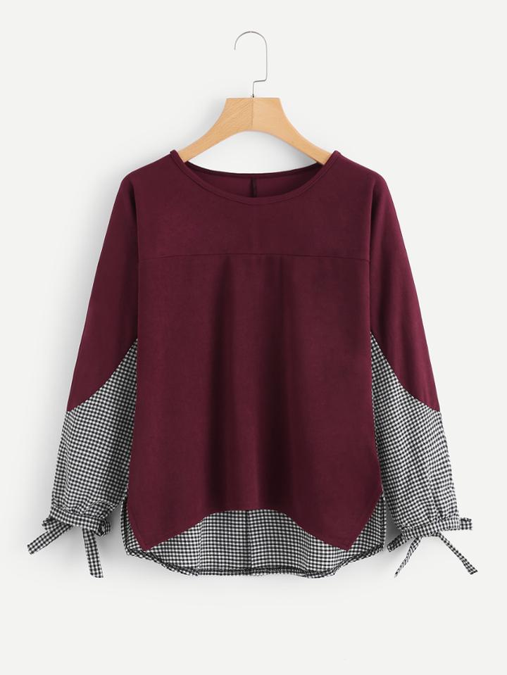Shein Contrast Gingham Knotted High Low Blouse