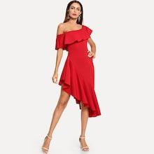 Shein Asymmetrical Neck Ruffle Trim Dress