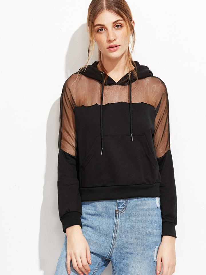 Shein Black Mesh Insert Crop Hooded Sweatshirt