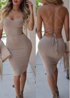 Rosewe Open Back Scoop Neck Apricot Bodycon Dress