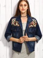 Shein Blue Tribal Yoke Drop Shoulder Denim Jacket