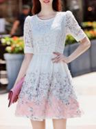 Shein White Flowers Applique Lace A-line Dress