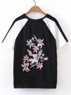 Shein Contrast Sleeve Embroidery Back Tee