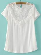 Shein White Embroidery Lace Key Hole Back T-shirt