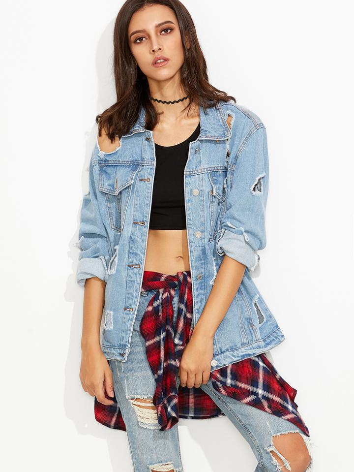 Shein Blue Distressed Button Front Denim Jacket