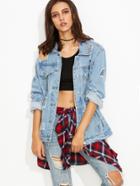 Shein Blue Distressed Button Front Denim Jacket