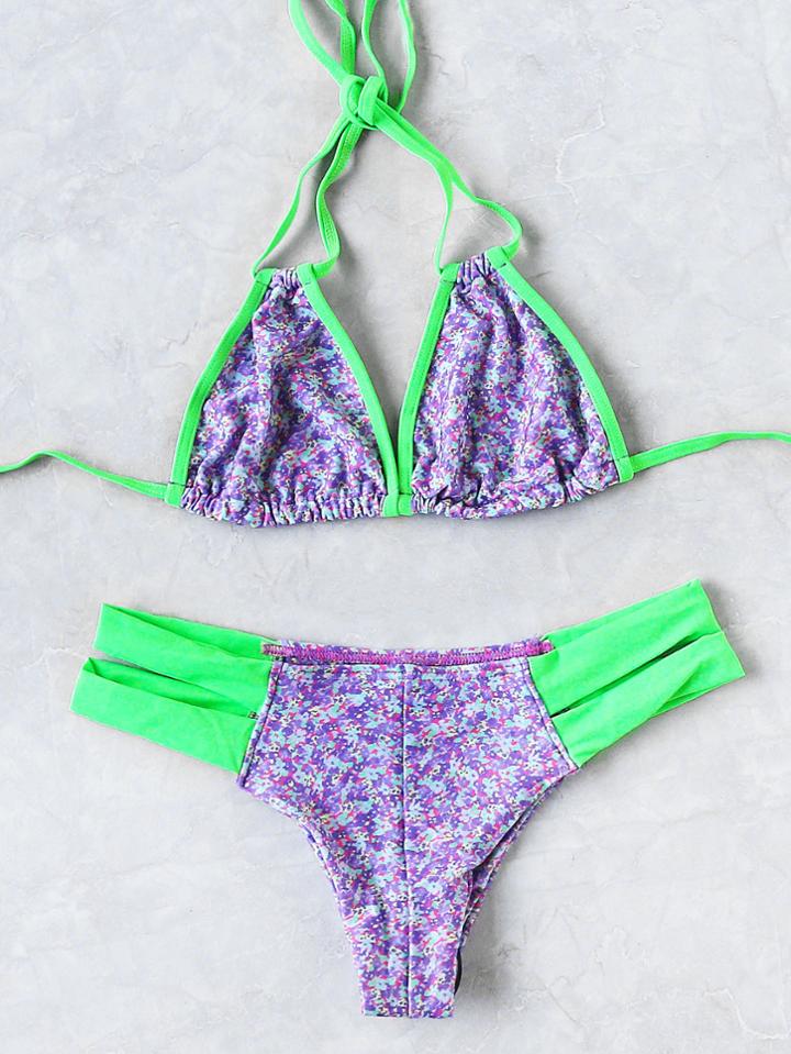 Shein Contrast Trim Cutout Halter Bikini Set