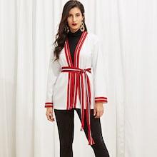 Shein Contrast Striped Open Placket Coat