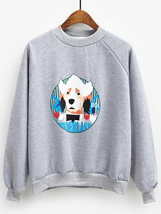 Shein Grey Round Neck Cartoon Dog Print Sweatshirt
