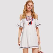 Shein Embroidered Yoke Fringe Tape Detail Cold Shoulder Dress