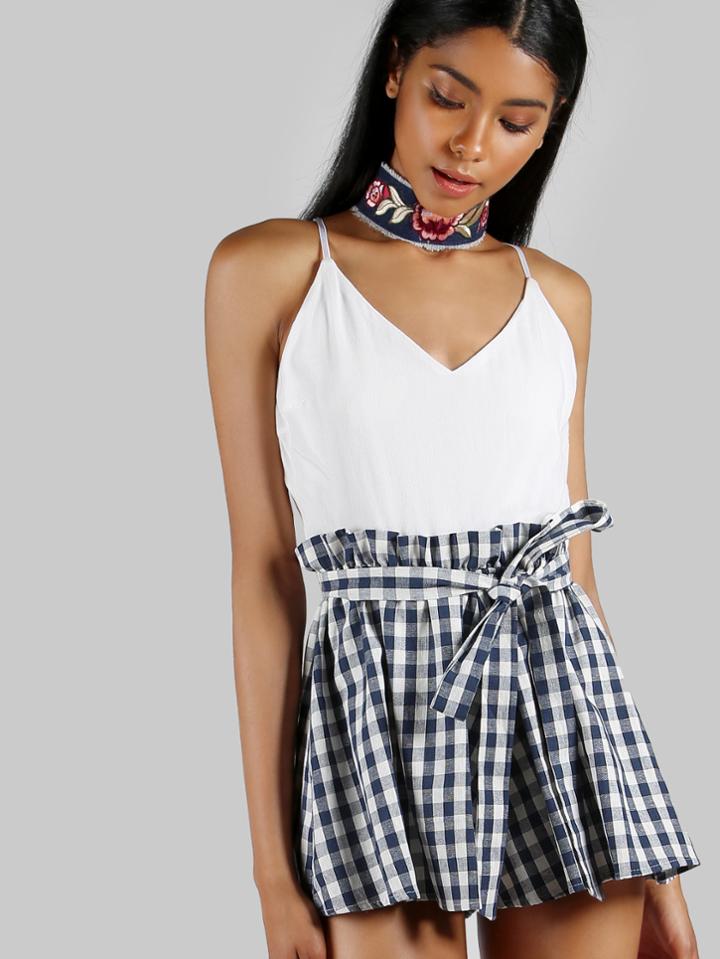 Shein Cami Plaid Romper Navy