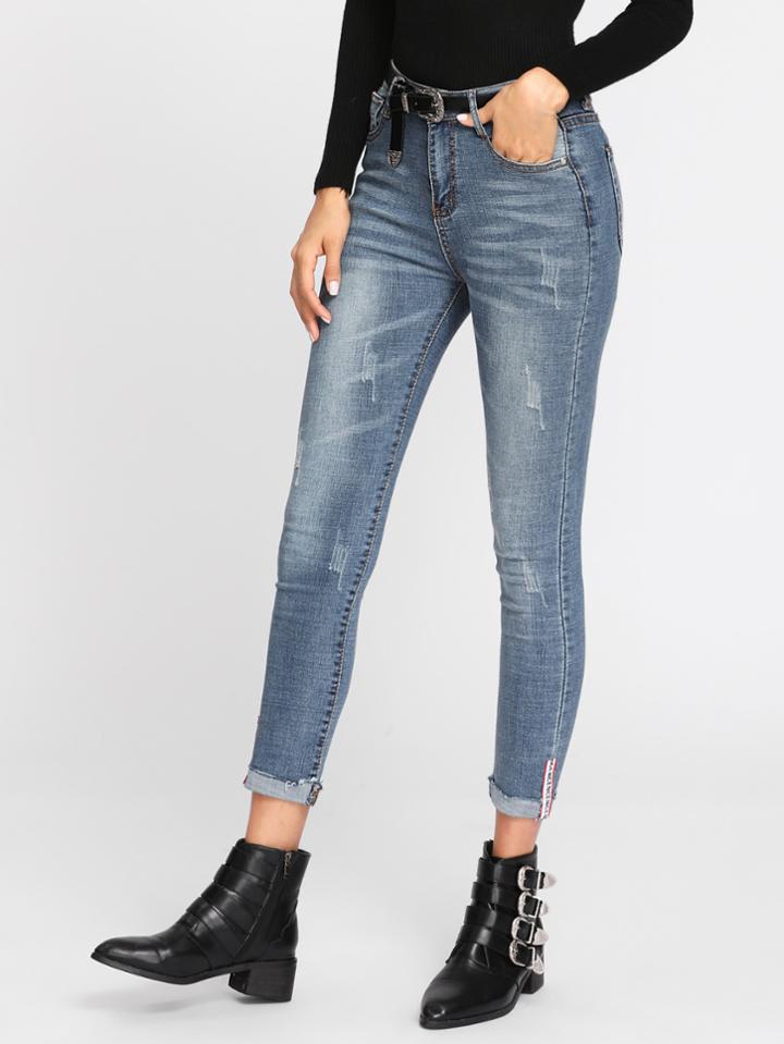 Shein Bleach Wash Roll Up Hem Jeans