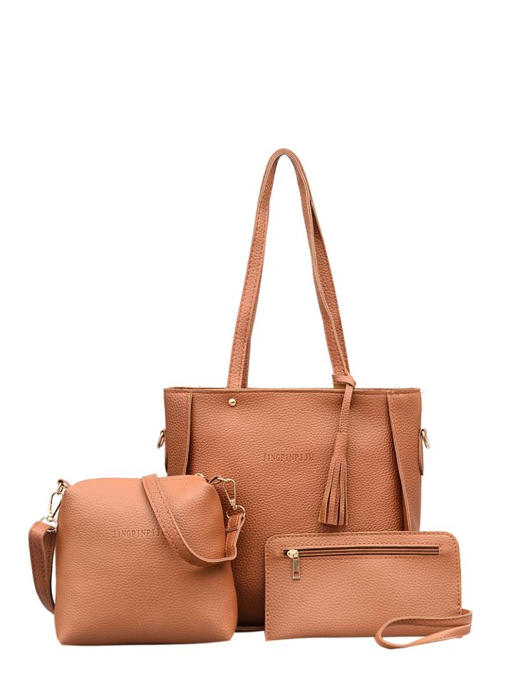 Shein Tassel Detail Textured Pu Bag Set 3pcs