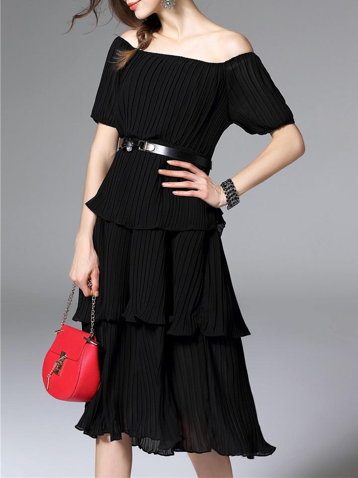 Shein Black Off The Shoulder Belted Ruffle Pleated Dress