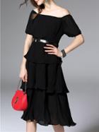 Shein Black Off The Shoulder Belted Ruffle Pleated Dress