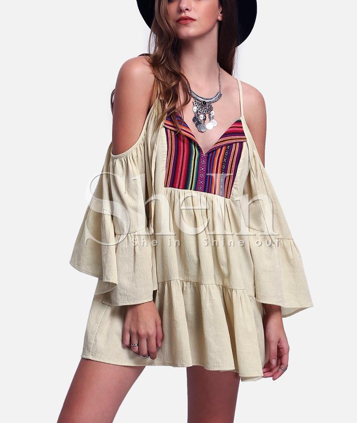 Shein Apricot Cold Shoulder Pleated Vintage-inspired Panel Dress