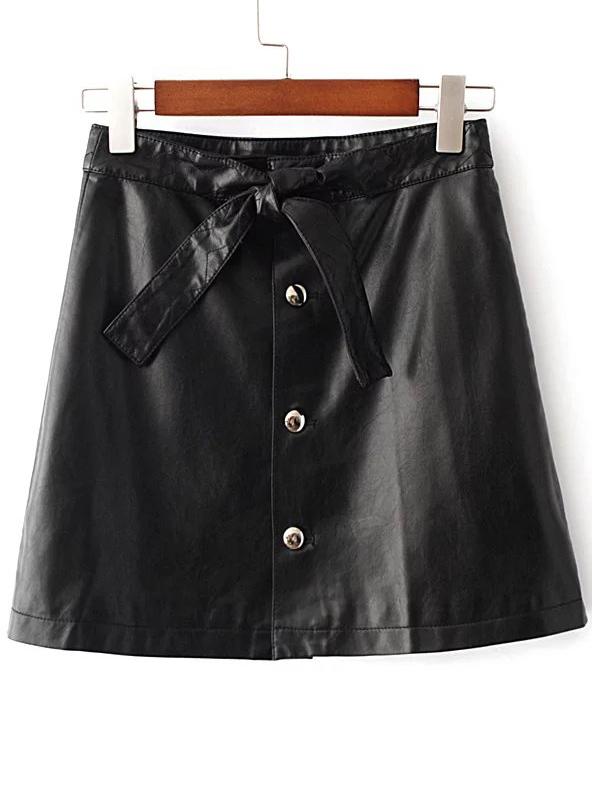 Shein Black Button Up Pu Skirt With Tie