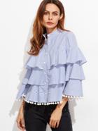 Shein Blue And White Striped Pom Pom Trim Layered Ruffle Blouse