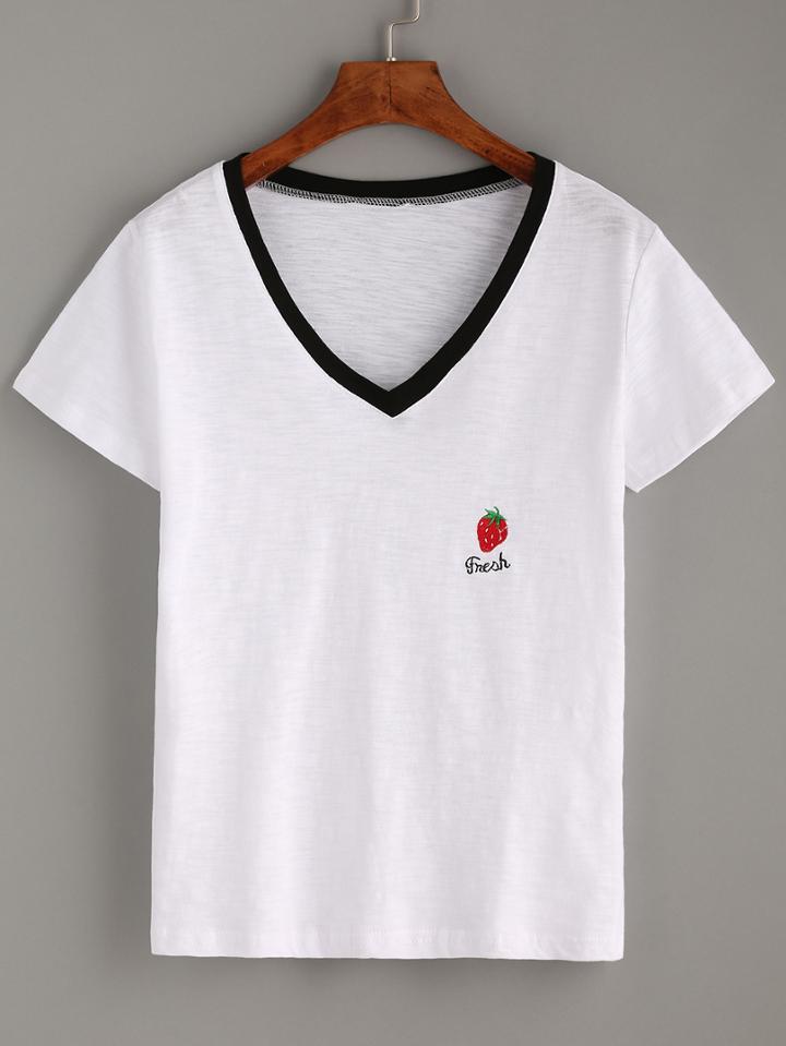 Shein White Contrast V Neck Strawberry Embroidered T-shirt