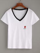 Shein White Contrast V Neck Strawberry Embroidered T-shirt