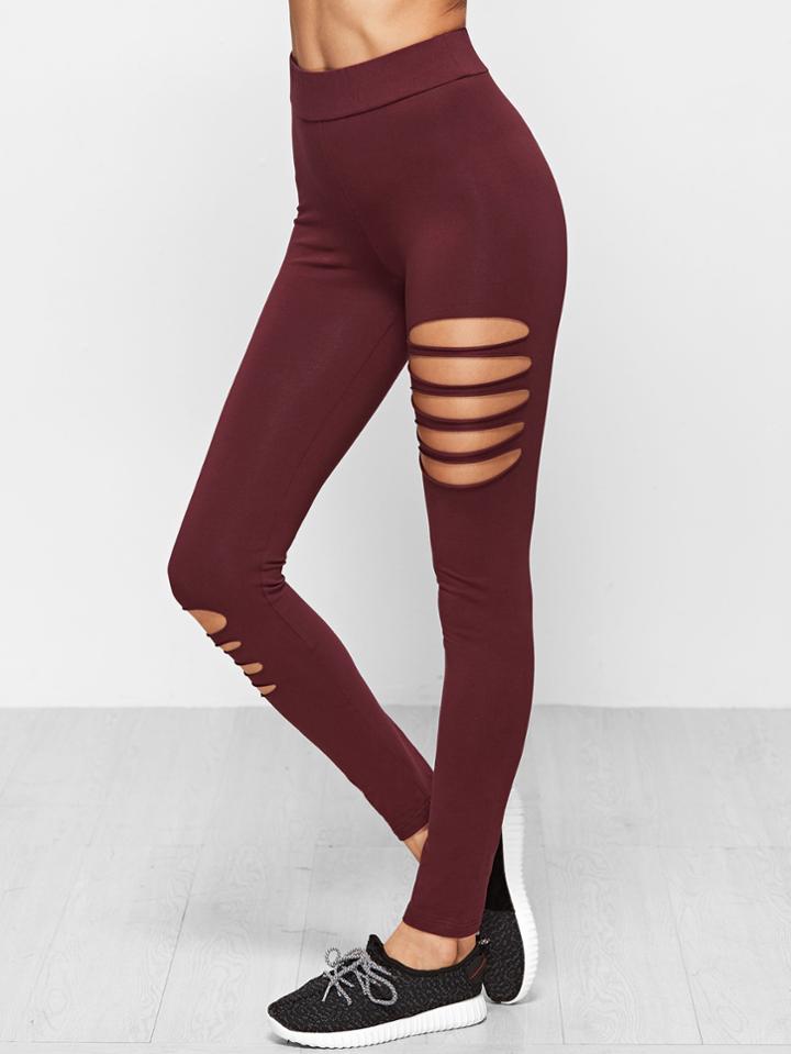 Shein Burgundy High Waist Ripped Leggings