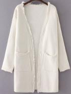 Shein White Collarless Frayed Cardigan With Pockets