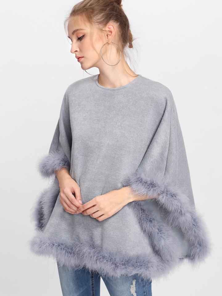 Shein Contrast Faux Fur Trim Poncho Coat