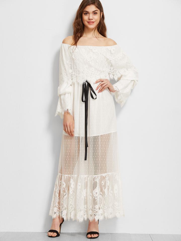 Shein White Lace Trim Dotted Mesh Overlay Off The Shoulder Dress
