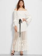 Shein White Lace Trim Dotted Mesh Overlay Off The Shoulder Dress
