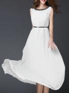 Shein White Beading Belted Pleated Maxi Dress