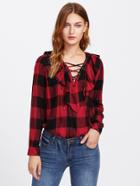 Shein Flounce Grommet Lace Up Front Gingham Blouse