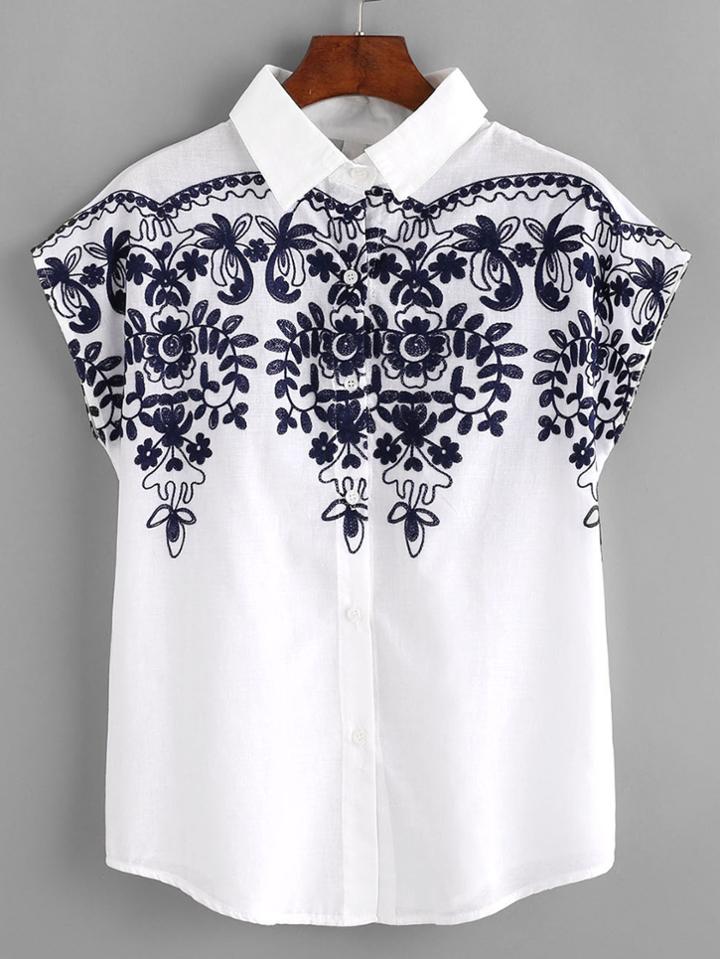 Shein Batwing Sleeve Embroidered Yoke Blouse