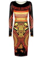 Rosewe Long Sleeve Egypt Kingdom Print Bodycon Dress