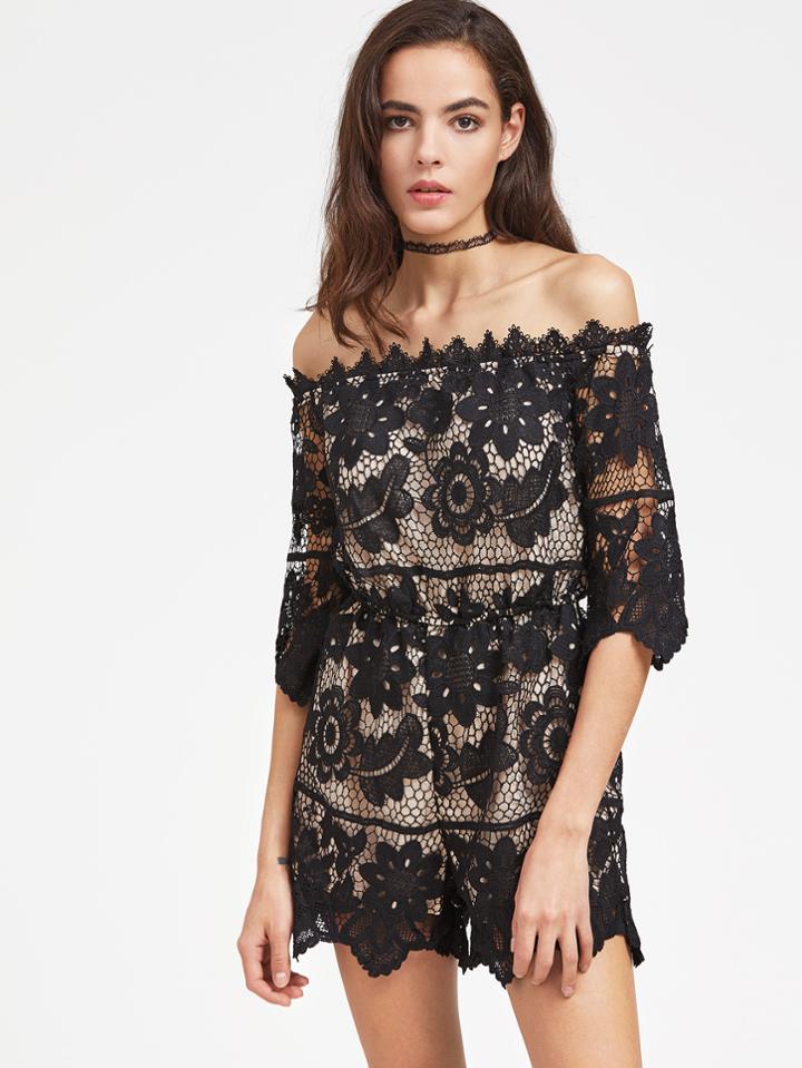 Shein Off Shoulder Hollow Out Lace Romper