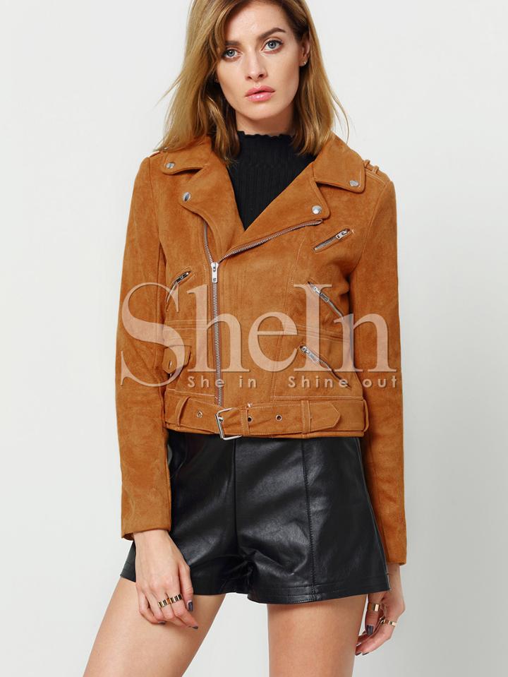 Shein Zipper Detail Jacket With Buckle Belt