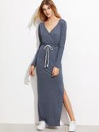 Shein Deep V Neck Drawstring Slit Hem Dress