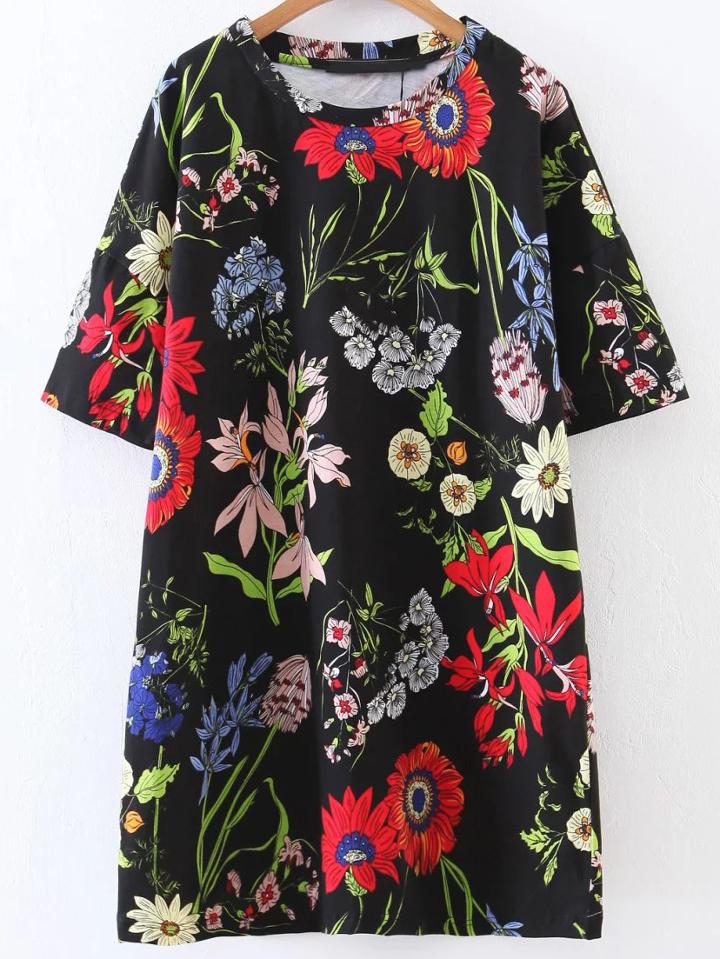 Shein Black Floral Print T-shirt Dress