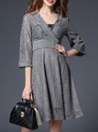 Shein Grey V Neck Bell Sleeve Lace Dress