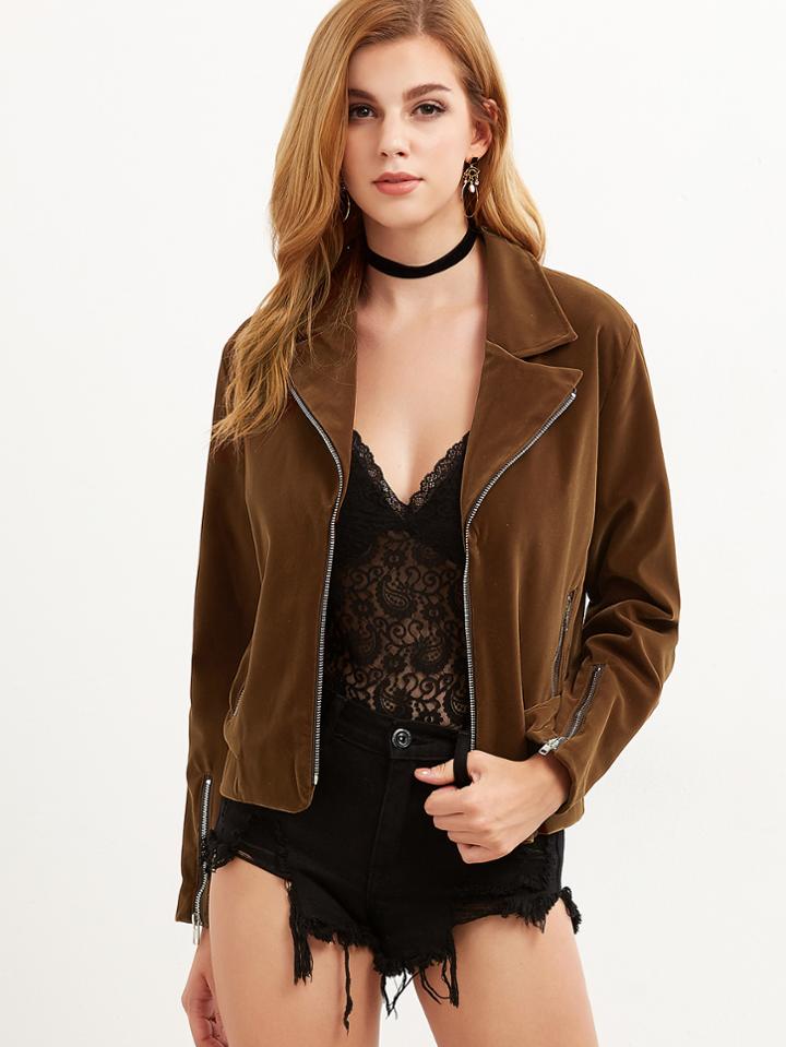 Shein Coffee Zip Up Stitch Detail Jacket
