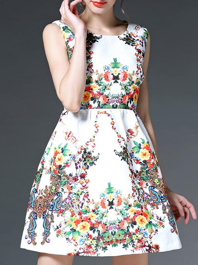 Shein White Round Neck Sleeveless Print Jacquard Dress