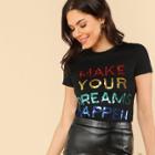 Shein Sequin Letter Short Sleeve T-shirt