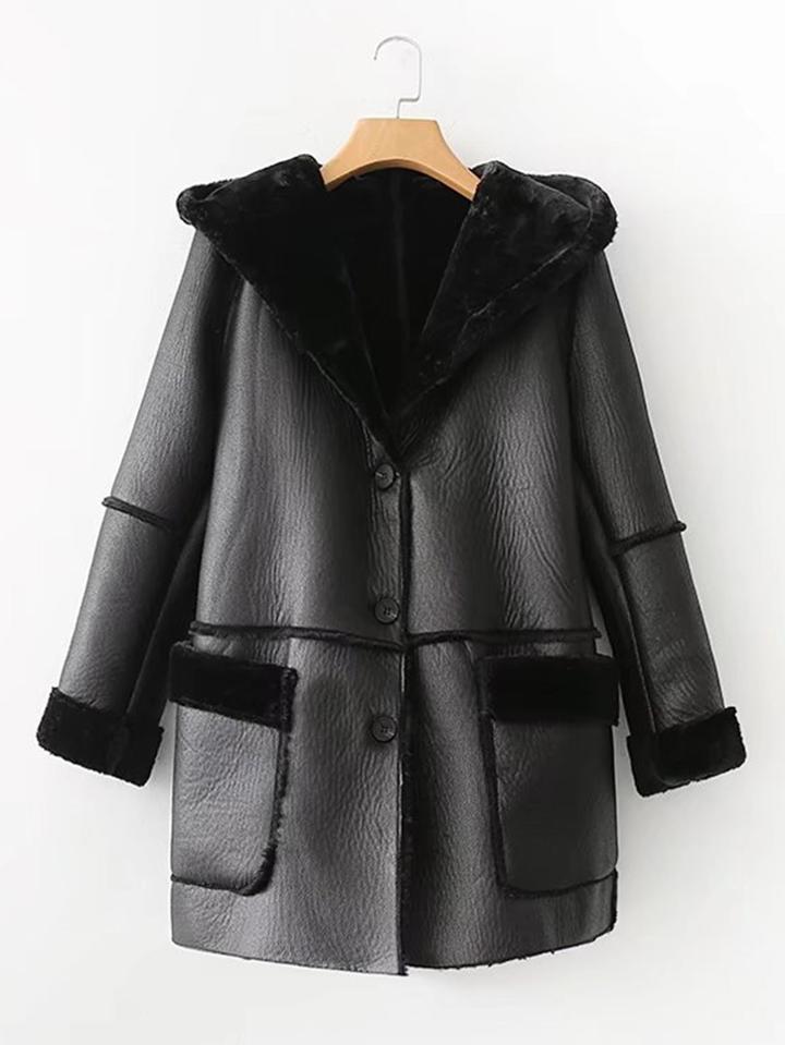Shein Seam Detail Pu Hooded Coat