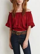 Shein Red Boat Neck Ruffle Sleeve Crop Blouse
