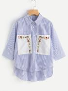 Shein Contrast Embroidery Pockets High Low Striped Shirt