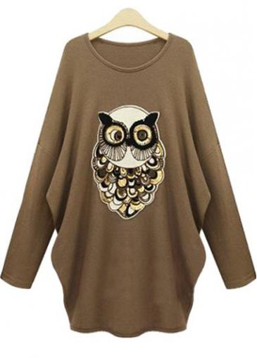 Rosewe Owl Print Batwing Sleeve Khaki Sweats