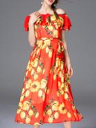 Shein Red Off The Shoulder Lemons Tie-waist Dress